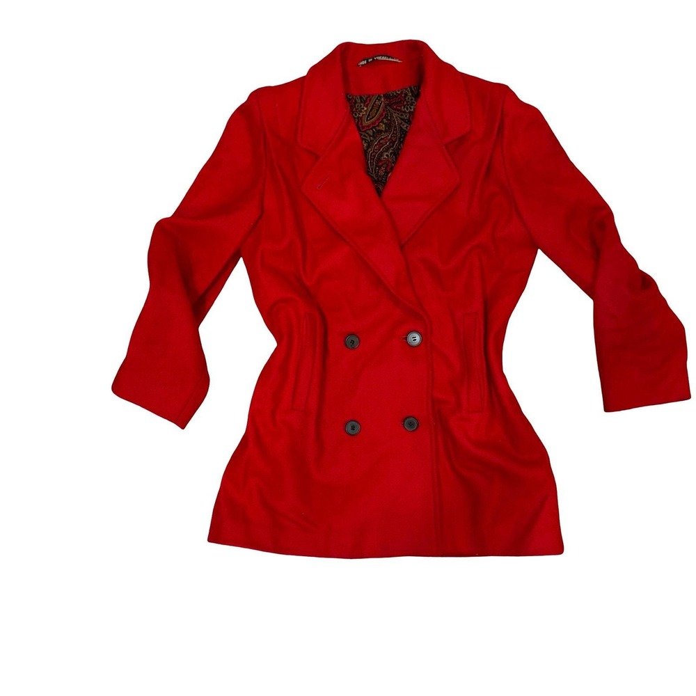 Vintage Wool Pea Coat Women Red Double Breasted Paisley Lining 80s Size 9/10 - Picture 3 of 11